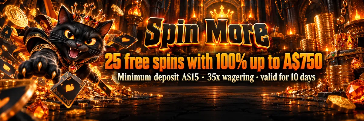 A mischievous black cat leaps across glowing playing cards and gemstones in a dark orange treasure chamber, promoting free spins with a clear CTA.